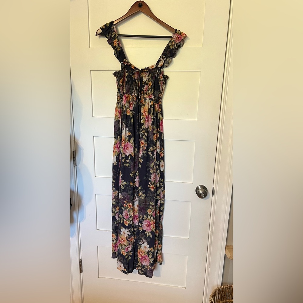 Yumi Kim Black Floral Smocked Jumpsuit with Pink & Cream Blooms